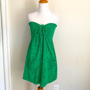 Vintage Miken Green Strapless Terry Cloth Mini Dress with Pockets